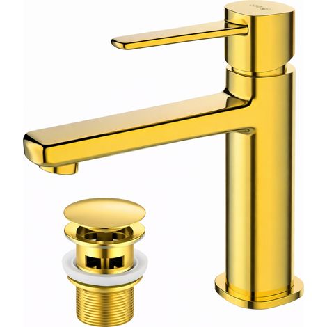 Grifo monomando Glamour dorado para lavabo independiente con tapón de clic-clac.