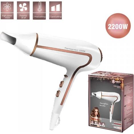 Asciugacapelli Professionale 2200W con 2 Velocita 3 Temperatura e Aria Fredda con Gancio per Appendere Bianco Rosa