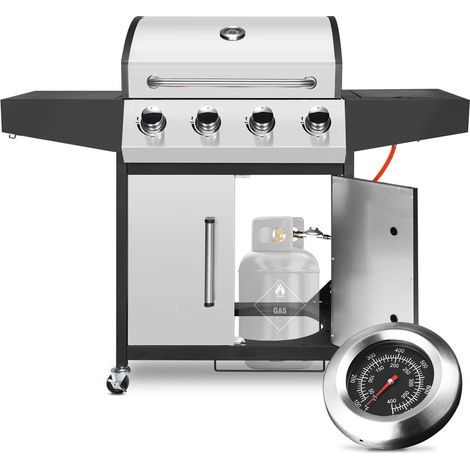 Gasgrill 4+1 Brenner mit Seitenbrenner 52.000 BTU, große Grillfläche, Temperaturanzeige, Propangasgrill aus Edelstahl für den Außenbereich, silberne Farbe