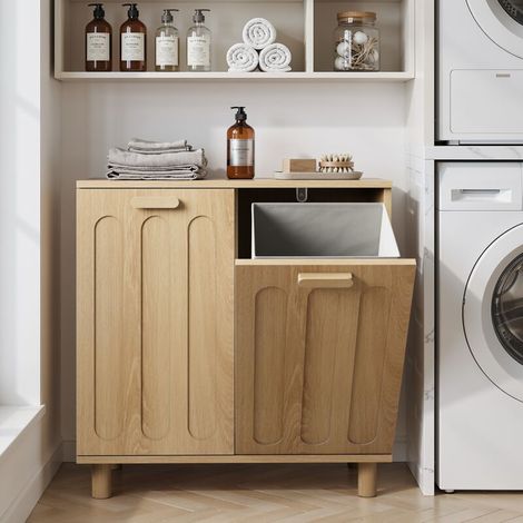 Kippbarer Wäschekorb mit herausnehmbarem Korb, versteckter Wäschekorb, Badezimmer-Wäschekorb-Aufbewahrungsschrank, freistehender Home-Organizer, Eichenfarbe