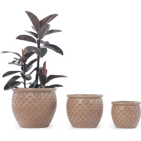 Cache-pot en céramique Ø 23 cm beige brillant, relief pièce, respirant, résistant au gel, avec trous de drainage, pour plantes d'intérieur et balcon - CHICFURN (1/5)