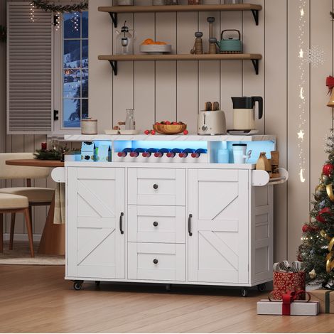 Isola cucina mobile con piano ribaltabile, 5 ruote, LED, bianco 120x42/60x93 cm DESVIAE (1/5)