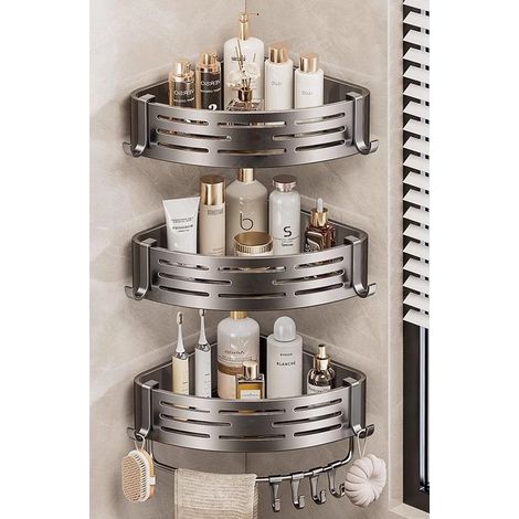 (3 pièces grises avec tringle - comme illustré) Étagère d'angle de salle de bain sans perçage, étagère de douche murale en aluminium avec crochets pour porte-serviettes (1/5)