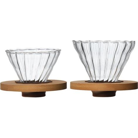 Set aus 2 Glas-Kaffeefiltern zum Aufbrühen 1 großer 1 kleiner mit geripptem Muster und Bambusboden hitzebeständiges Glas für 1-2 und 1-4 Tassen (1/5)