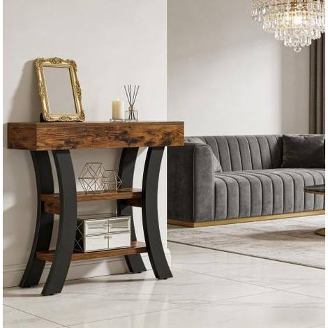 Konsolentisch 105x30x80 cm Schwarz/Rustikalbraun aus MDF und Metall mit 3 Ablagen (1/5)
