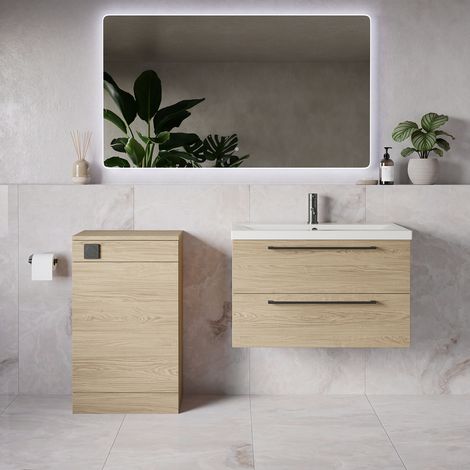 Napoli 390 Light Oak 1300mm Wall Mounted 2 Drawer Vanity Unit and Toilet Suite with Glide Basin - 1300mm - Gunmetal Grey 480mm HandleWithout Kingston Toilet Pan