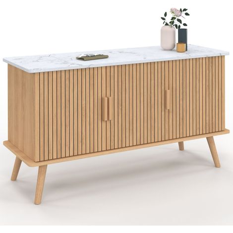 Credenza JULIETTE 110 cm, piano effetto marmo, 3 ante a doghe, doghe in legno color rovere