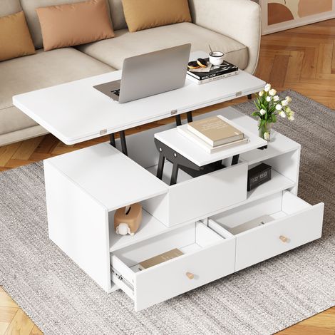 DESMIU Table Basse Relevable Pliable avec 4 Tiroirs et Roulettes pour Salon, en MDF, blanc, 100 × 50 × 47,5 cm (1/5)
