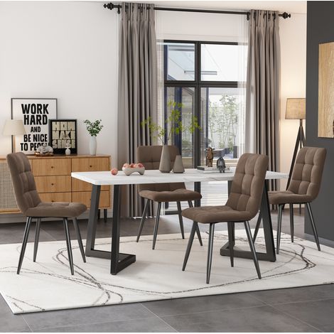 Ensemble de salle à manger MDF blanc effet marbre et 4 chaises en velours brun, table 117x68 cm, pieds métal noir (1/5)