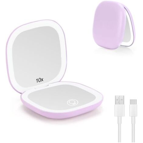 BUNTHAUS LED Miroir Grossissant, 1X/10X Miroir de Poche Chargement USB, 3 Lumières Réglable, Interrupteur Magnétique Pliable de Maquillage, Portable Grossissant de Voyage (Violet) (1/5)