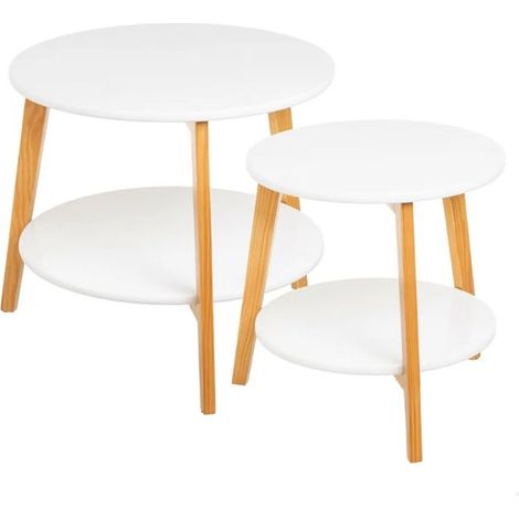 Table basse - JUANIO - Set 2 tables d'appoint rondes Blanc/bois - 50×45 & 40×40 cm - MDF laqué - Pieds pin