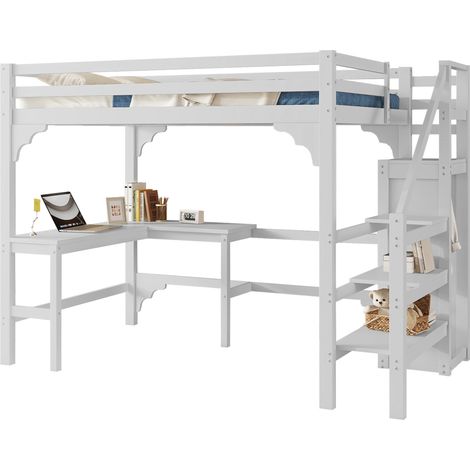 Lit mezzanine 140 x 200 cm avec bureau en L, dressing ouvert et escalier de rangement, pin et MDF, blanc, style minimaliste – CHICFURN (1/5)