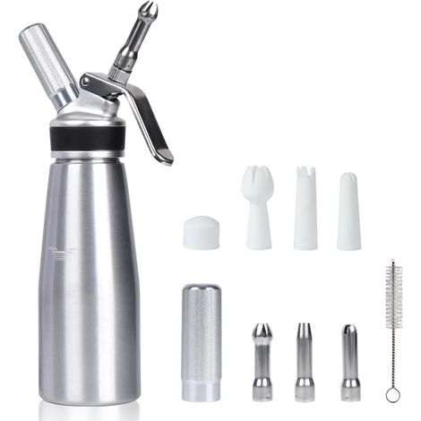 Siphon à Chantilly 500 ml en Aluminium, Distributeur de Crème Fouettée , Kit avec 3 Douilles Inox, 3 Douilles Plastique pour Gâteaux, Mousses (1/4)