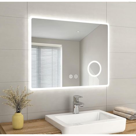 EMKE Backlit Illuminated Bluetooth Bathroom Mirror with Shaver Socket Wall Mounted Multifunction LED Bathroom Vanity Mirror with Lights, Demister Pad and 3x Magnifier, 90x70cm,  [Horizontal]