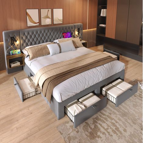 Letto adulto 180x200 cm con 2 comodini, 4 cassetti, 2 lampade da lettura e porte USB e Type-C, in velluto grigio, materasso non incluso (1/5)