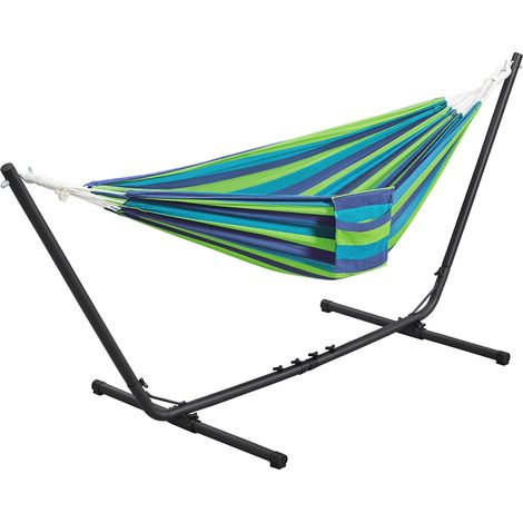 Homevive Hamaca con Soporte de Metal Hamaca para Jardín Portátil con Largo Ajustable Hamaca 2 Personas de Acero Duradero para Interior y Exterior Trasero Camping Carga 205Kg Rayas Azules y Verdes (1/5)