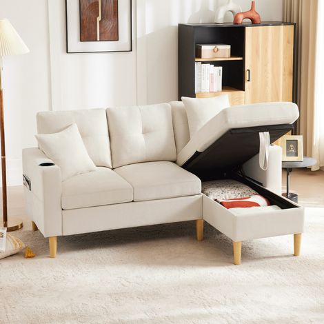Canapé d’angle 3 places en tissu coton et lin beige 175x129x90 cm avec rangement et porte-gobelets (1/5)
