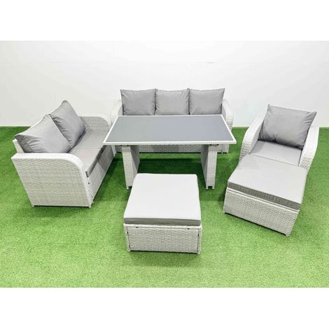 Fimous Rattan Outdoor Table Reclining Chair Sofa Set with 2 Big Stools Light Grey 8 Seater (1/4)