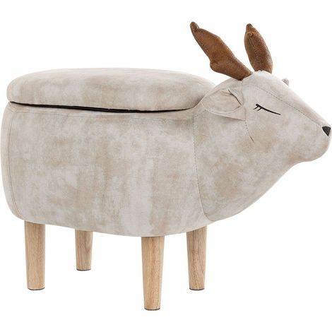 Taburete para niños en forma de reno tapizado en tela de poliéster beige patas de madera función de almacenamiento Reindeer (1/5)