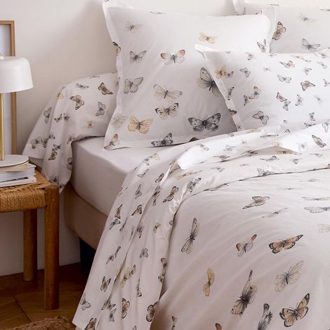 Taie de traversin percale de coton 80 fils motif papillons Blanc 86x140 cm