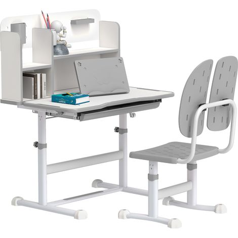 AIYAPLAY Kids Desk and Chair Set w/ Tiltable Desktop, Reading Rack, Grey (1/5)
