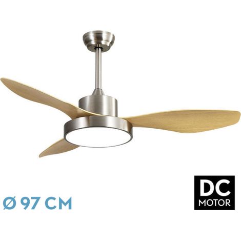 Ventilador de techo LED "Hayate" regulable con control remoto (24W 3CCT 2650lm) IP20 Ø97cm color níquel y haya (1/2)