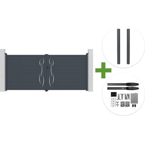 Portail battant 4m LIFE H.180cm aluminium gris + 2 poteaux ELDA + motorisation Hicker B200 (1/5)