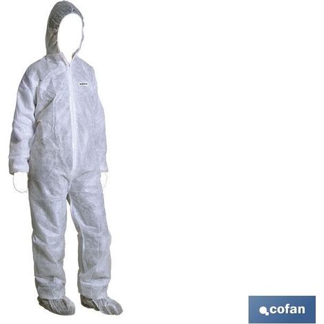 Combinaison jetable en polypropylène 45 g, taille L, avec capuche et fermetures réglables. (1/4)