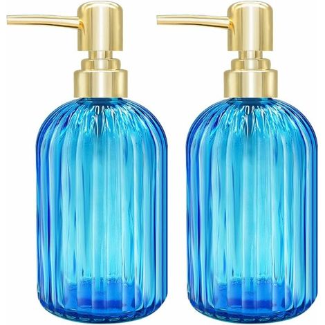 royaluxe - Lot de 2 distributeurs de Savon de Cuisine en Verre avec Pompe, Distributeur de Savon Transparent pour Les Mains, Liquide Vaisselle sous Lotion (Bleu) (1/5)