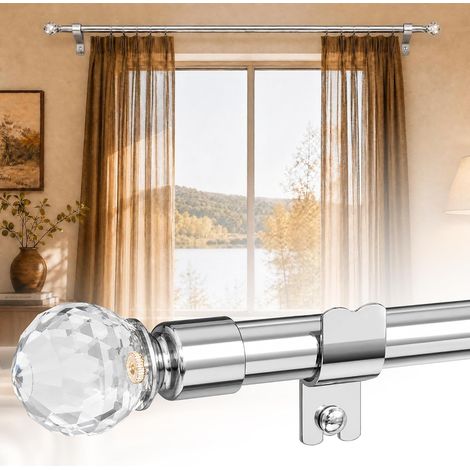 Tringle à rideaux 1,6 cm - 76 à 116 cm - Tringle à rideaux décorative avec embout diamant en acrylique - Pour chambre à coucher, porte, fenêtre - Argenté (1/5)