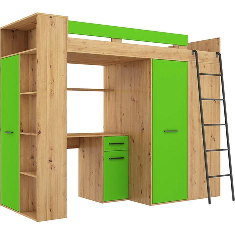 BETT SCHRANK SCHREIBTISCH BÜCHERREGAL KINDER VERANA P H190x120x236cm GRÜN EICHE (1/5)