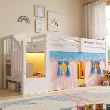 Lit enfant mi-hauteur 90x200 cm en pin avec rideaux occultants, espace inférieur ouvert, bande lumineuse LED, lit gain de place, sans matelas, blanc (1/5)