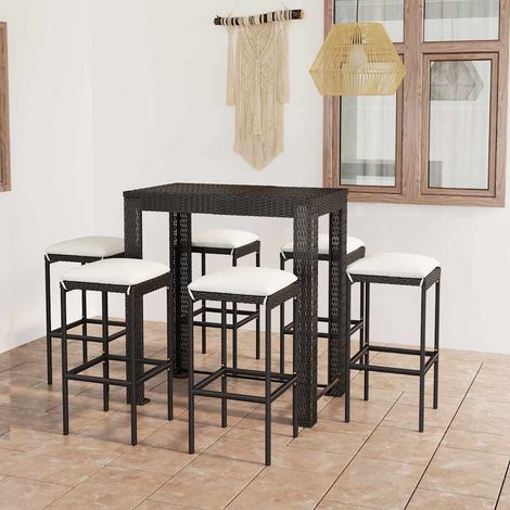 Ensemble Table de bar + 6 Chaises de bar de jardin - Table Haute avec 6 Tabourets et coussins Résine tressée Noir BV903981 - BonneVie (1/5)