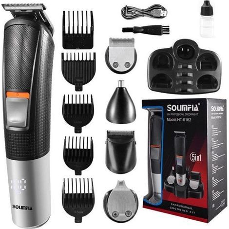 (Grigio) Rifinitore multifunzione 5 in 1 per uomo, ricarica rapida, impermeabile, adatto per sopracciglia, corpo, naso, orecchie e barba (1/5)