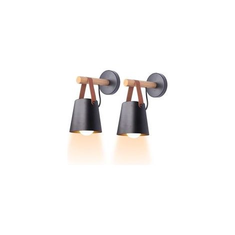 Set di 2 applique da parete minimaliste vintage per interni, moderne lampade da parete E27 con paralumi in metallo e basi in legno per camere da letto, uffici e corridoi (nero) - Crezuo