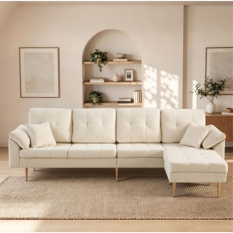 Divano modulare 4 posti 250 cm in velluto a coste beige chiaro con pouf - CHICFURN (1/5)