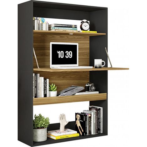 Meuble Secrétaire - Bar Noir et Chêne 4 Niches L 90 H 140.5 P 36 cm