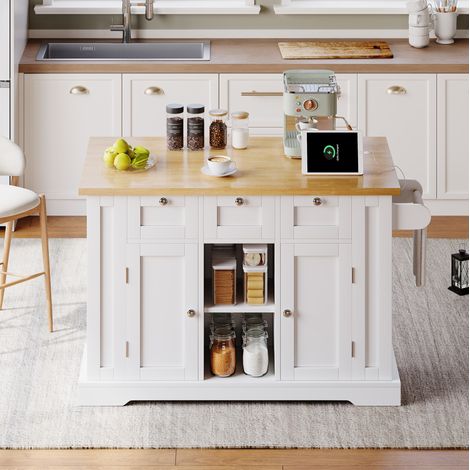 Isola da cucina 132 x 40(70) x 87 cm con piano ribaltabile, 4 ruote, presa e USB HAVRYA (1/5)