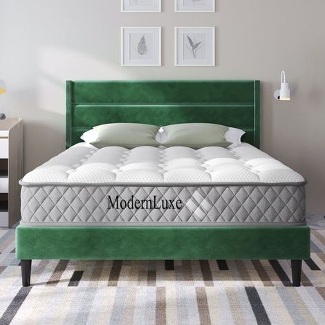 Lit double - KOMHTOM - Velours rembourré - 140 x 200 cm - Sommier à lattes inclus - Vert (1/5)