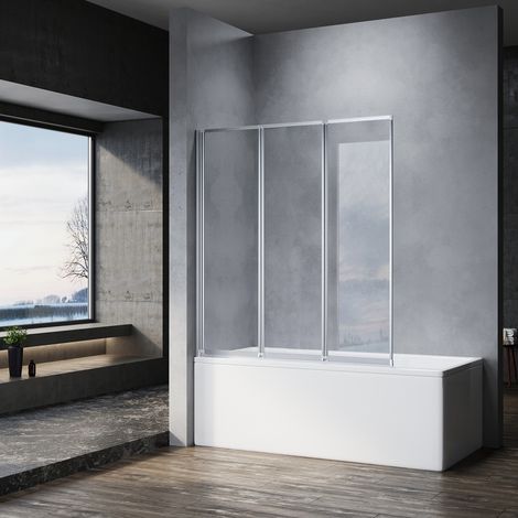 SONNI Parete Vasca 3 Ante 130x140cm,Vasca da Bagno Pieghevoli a Libro Silenziosa Nano Vetro 4 mm Trasparente Temperato (1/5)