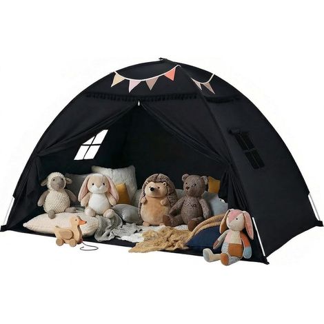 Tente de lit Tente chambre d'enfant Tente pour enfants : Sol Lit Enfants Grotte Tente Maison de jeu intérieure-Portable & Pliable Lit double Lit superposé Rideaux-Noir-198×141×132cm (1/5)