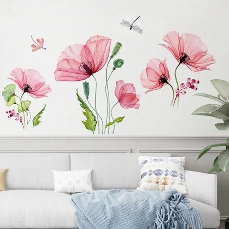 Stickers Muraux Coquelicot Rouge Autocollant Mural Fleurs Grand Floral Plante Décoration Murale Chambre Salon Fenêtre (1/5)