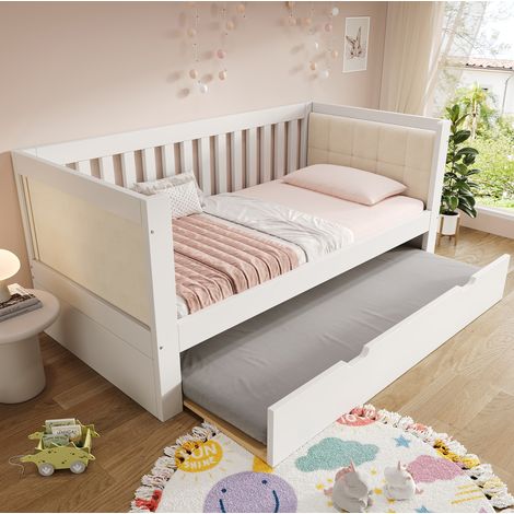 Tagesbett mit Ausziehbett 90x200 cm Weiß aus Kiefernholz mit Lattenrost und gepolsterten Armlehnen (1/5)