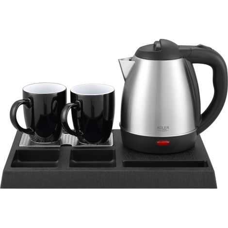 Adler Hervidor de agua de acero inoxidable de 1,2 l con bandeja y 2 tazas, estación de té compacta y bar de café para hotel, oficina, habitación de invitados y oficina en casa, bandeja de bienvenida