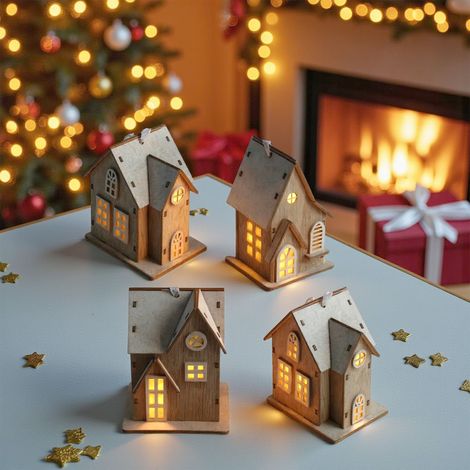 LED Holz Weihnachtshaus 10 cm zum Hängen inklusive Batterie - 4er Set - Deko Weihnachtsdorf mit Beleuchtung in warm weiß