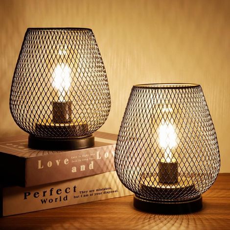 Lot de 2 Lampe de Table en Métal Design Cage avec Ampoule Guirlande Lumineuse, Lampe Décorative Sans Fil (1/5)