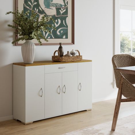 Multifunktionales Aufbewahrungsmöbel mit Ablageflächen, Türen und Schublade für Küche, Wohnzimmer und Schlafzimmer, Weiß, Tischplatte Buchenoptik