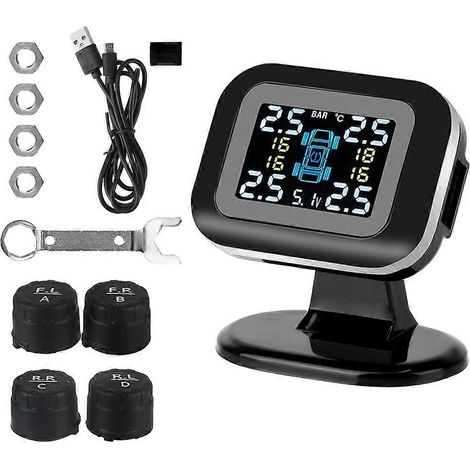 Mini sistema de monitoreo de presión de neumáticos para automóvil con pantalla LCD, sistema de alarma de seguridad inalámbrico para automóviles, TPMS USB con 4 sensores externos. (1/5)