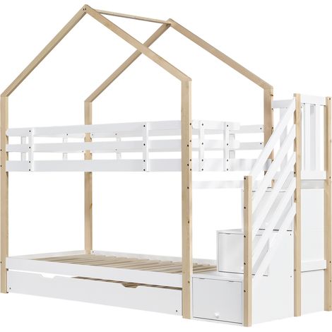 Lit superposé enfant cabane avec lit gigogne, escalier de rangement, bois et MDF, blanc naturel (1/5)