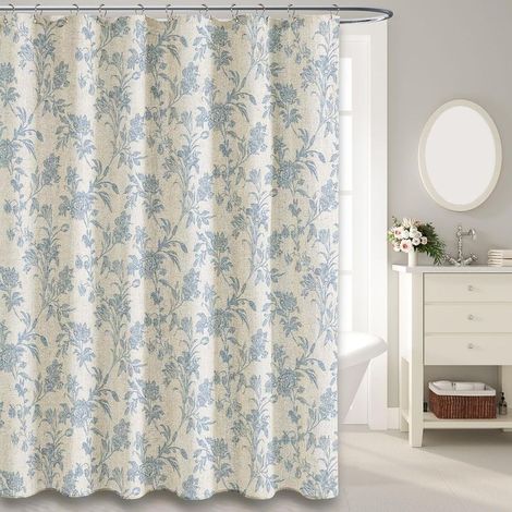 Duschvorhang – Baumwoll-Leinen-Mischgewebe – Blaues Blumenmuster – 183 x 183 cm – Fürs Badezimmer (1/5)